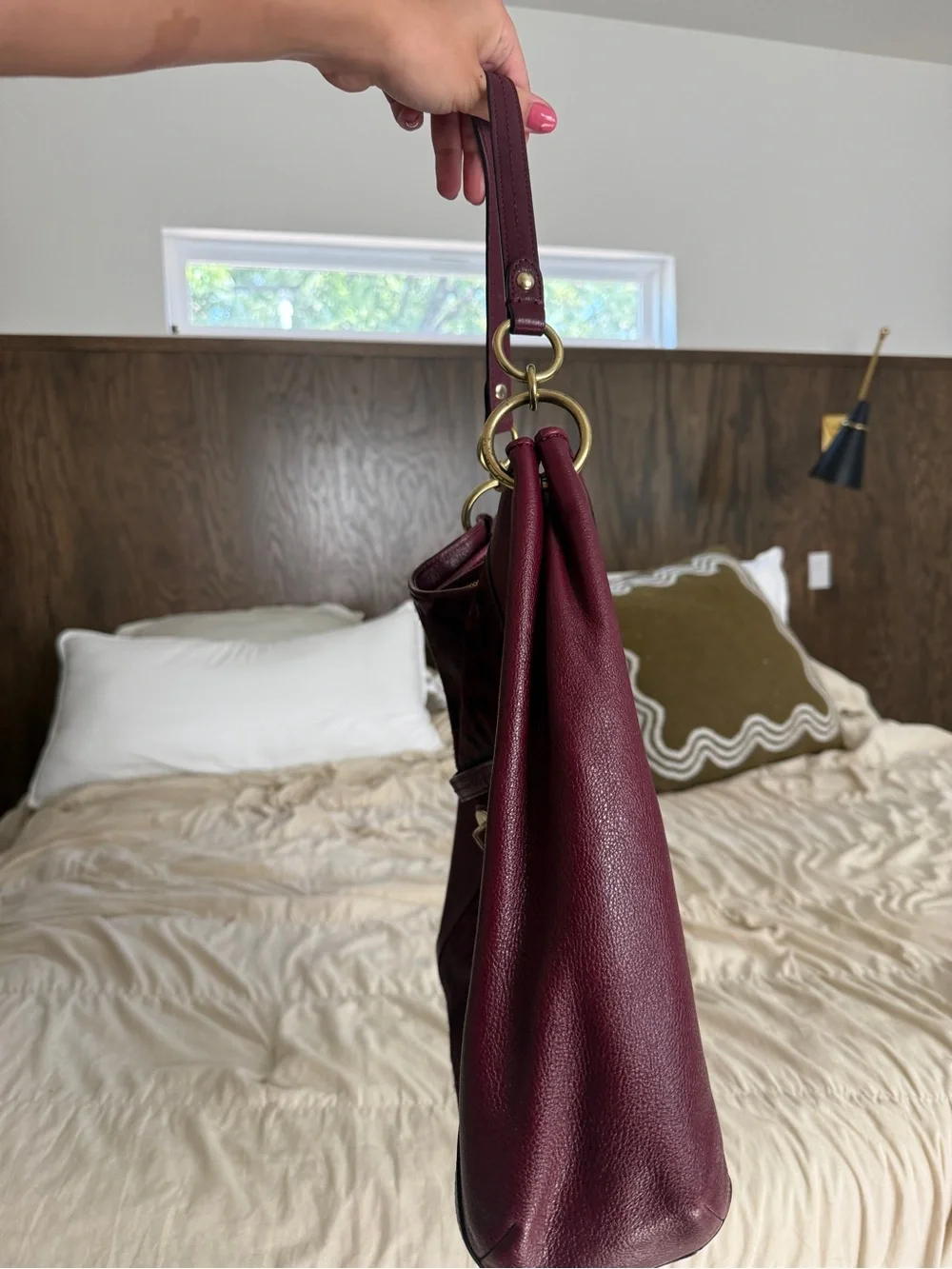 Coach Maroon Leopard-Accent Leather Hobo Bag